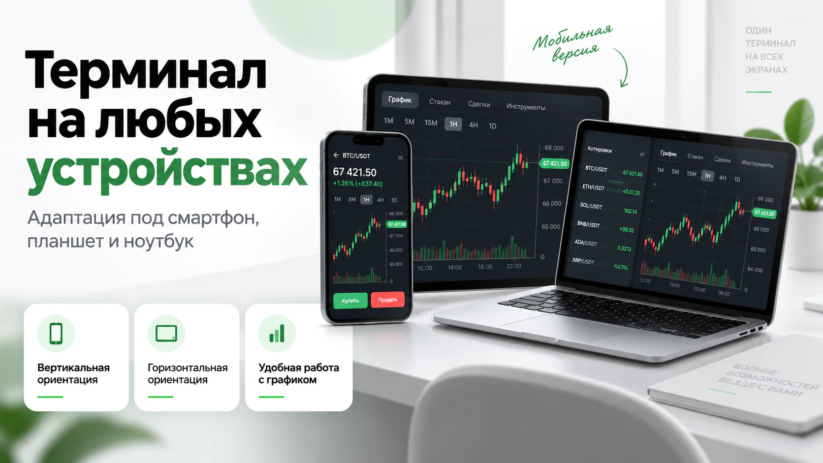Торговый терминал Bintech на смартфоне, планшете и компьютере