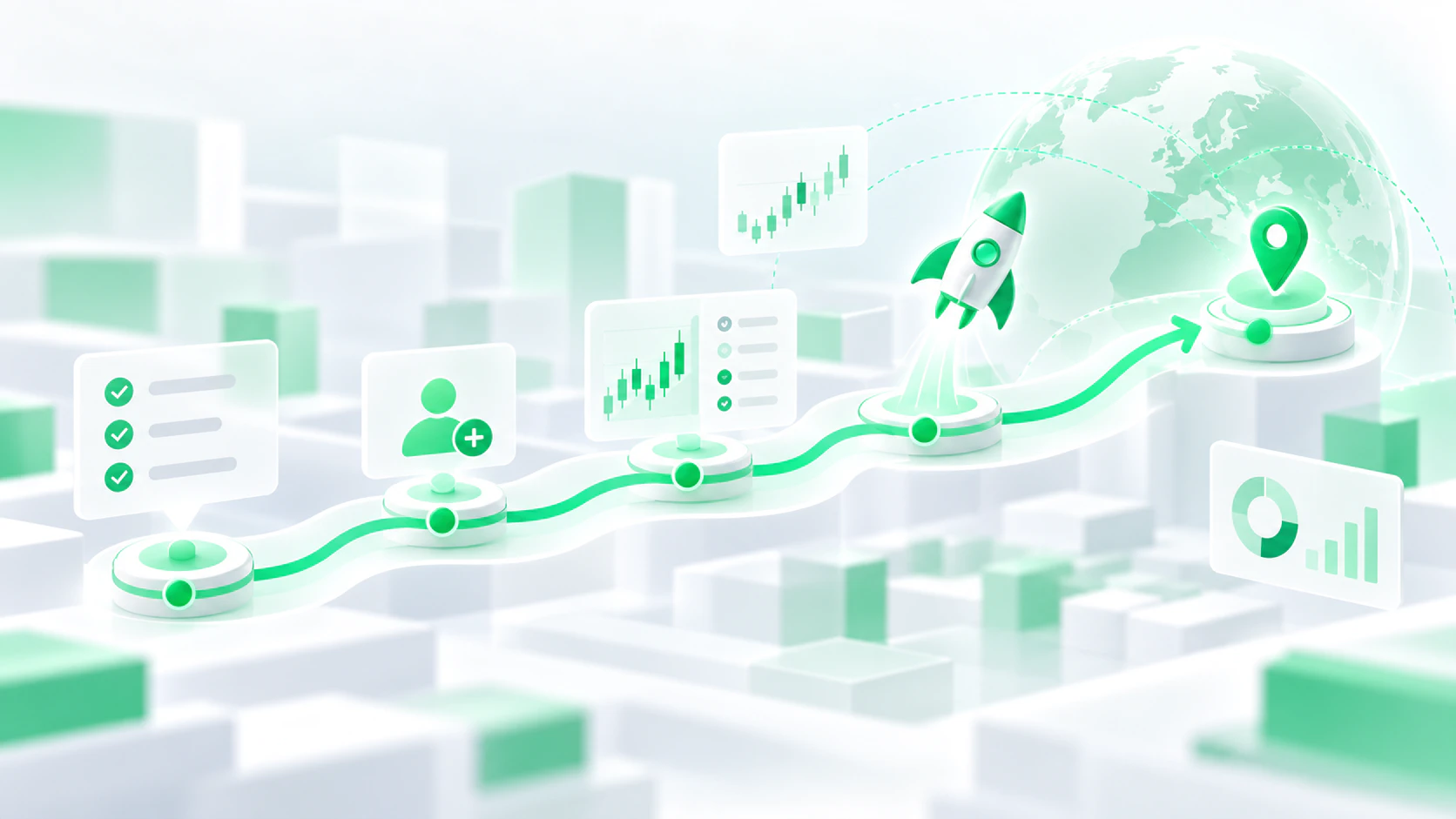 Brokerage launch roadmap illustrating the first market entry, trading platform preparation and initial business development stages.
 Copy Alt