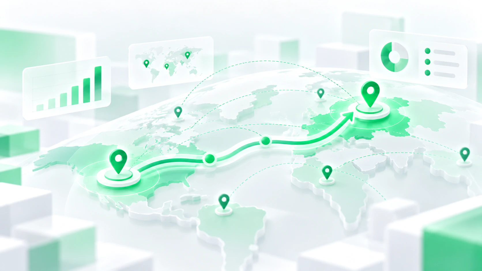 Brokerage regional expansion strategy showing a geographic map, new market locations and a route connecting target regions.