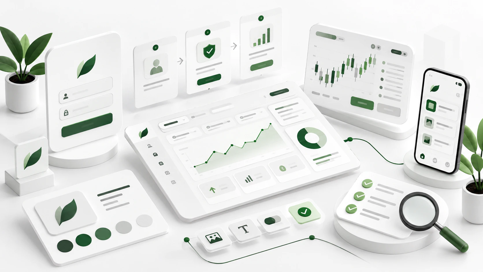 Custom branded trading platform interface showing responsive design, trading charts, account navigation and mobile usability.