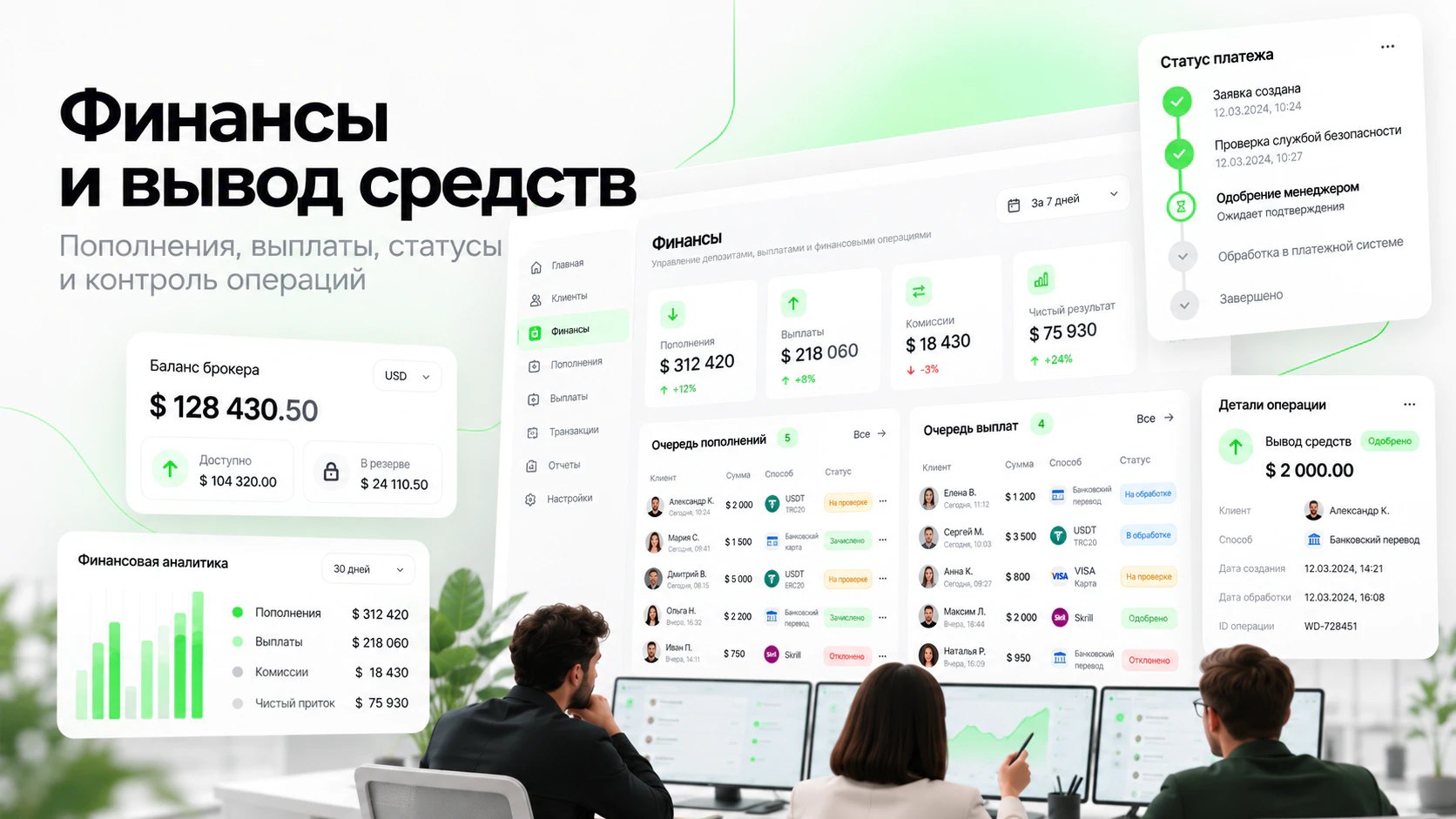Финансовая аналитика в бэк-офисе брокера – контроль депозитов, выводов средств, статусов платежей и финансовых операций.