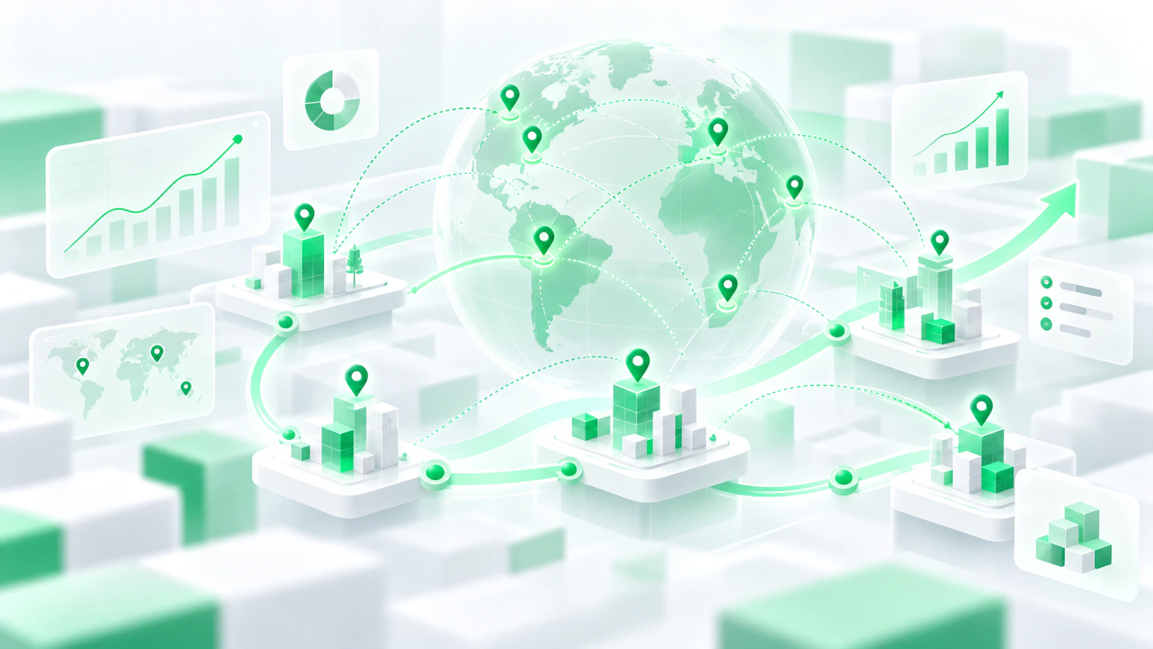 International brokerage growth strategy illustrated by a global network, interconnected markets and business expansion charts.