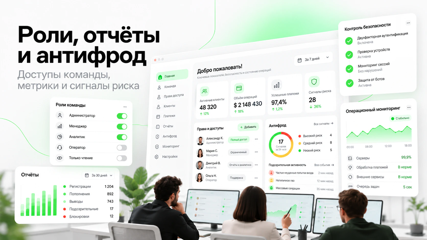 Управление ролями сотрудников, финансовыми отчётами и антифрод-контролем в административной панели брокерской платформы.