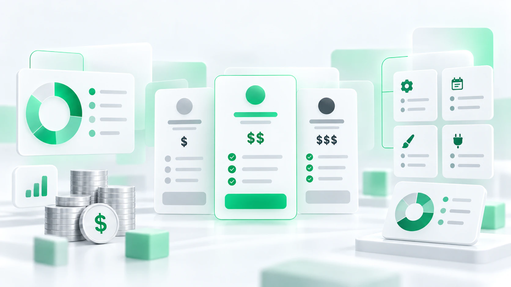 Trading platform pricing components illustrated with cost tiers, financial charts and software service modules