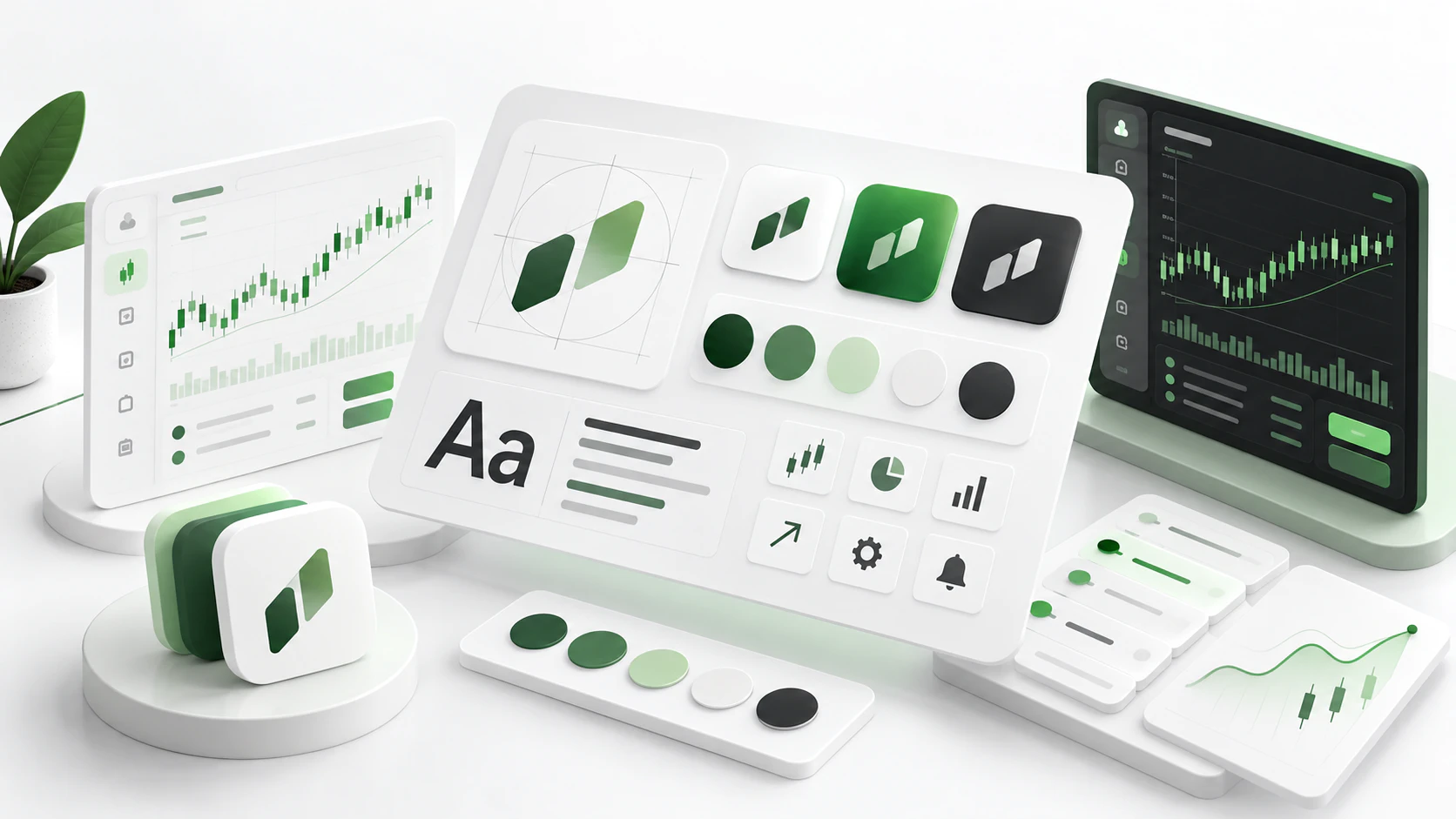 Trading platform visual identity design with logo variations, green color palette, typography and customizable trading interface.