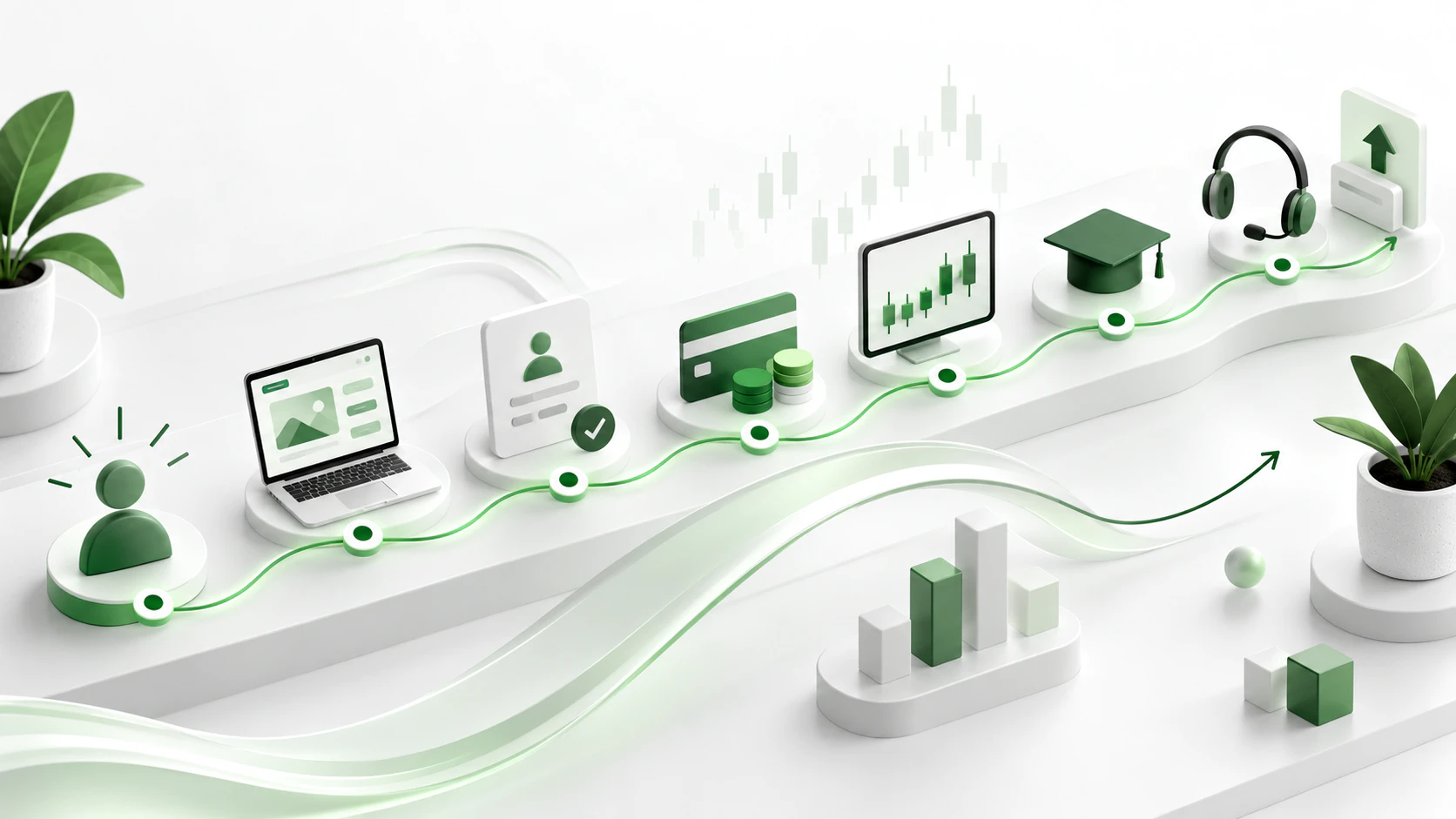 White label trading brand customer journey illustrating awareness, registration, platform experience, education and customer support.